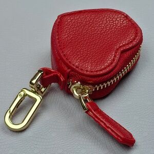 Burgundy Red Leather Heart Coin Purse Keychain Zipper Mini Pouch New
